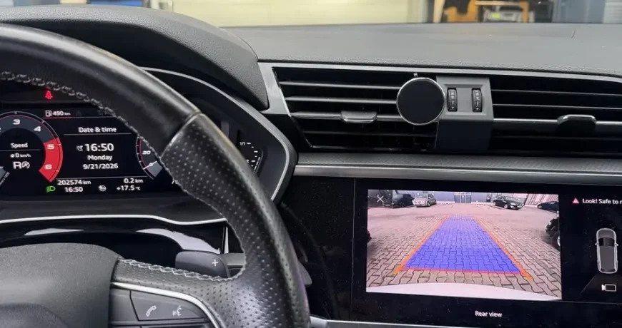 Audi Q3 galinio vaizdo kameros vaizdas originaliame MMI ekrane